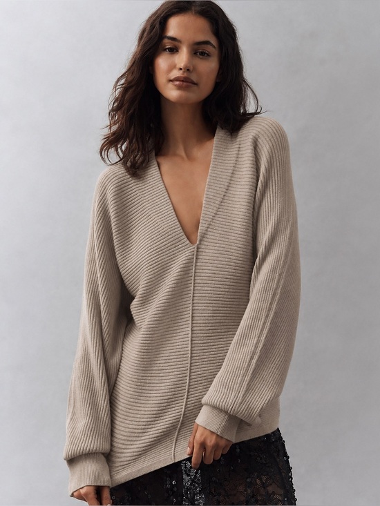 Anthropologie Sweaters - Maeve Anthropologie Plunge Neck Seamed Sweater XL Beige Oversized Ribbed